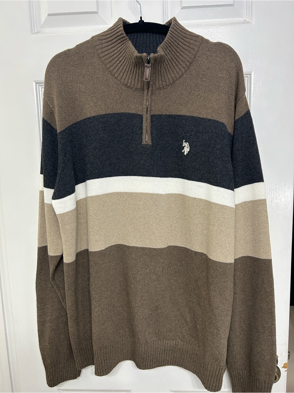 U.S. Polo Assn. Men's Striped 1/4 Zip Pullover Sweater Brown/Grey/Blk Size L